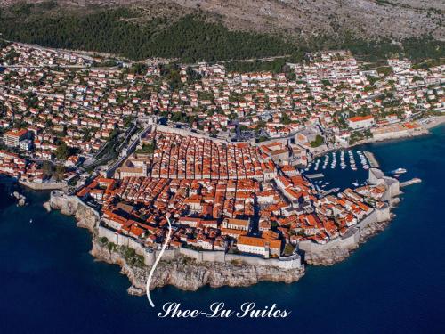an aerial view of a town on a island in the water at Shee-Lu Suites in Dubrovnik