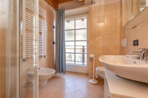 a bathroom with a sink and a toilet and a shower at Appartamento Mazzini in Predazzo