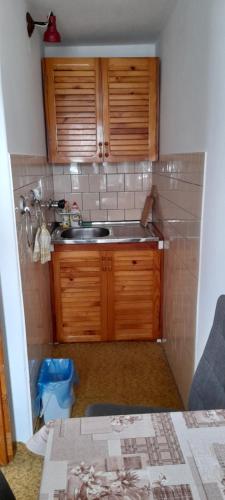 una pequeña cocina con fregadero y armarios de madera. en Privat Zuzka, en Liptovský Mikuláš