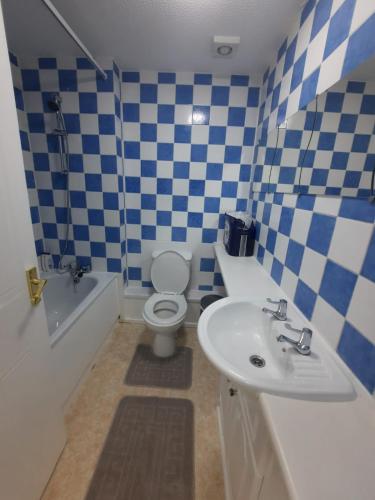Thamesmead的住宿－TWO BEDROOM LUXURY HOUSE，蓝色和白色的浴室设有卫生间和水槽