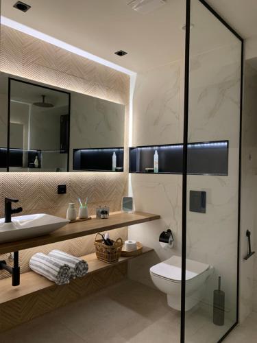 bagno con lavandino, servizi igienici e specchio di Ayïa suites ad Alikanás