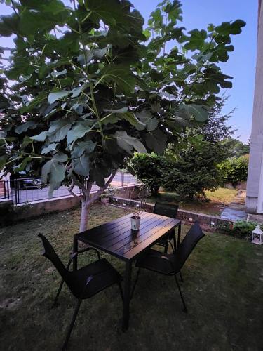 a wooden table and chairs next to a tree at Studio Anka in Pakoštane