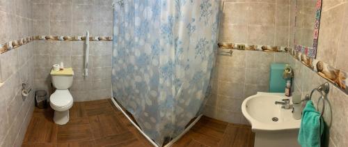 a bathroom with a toilet and a sink at Habitación Rocas del mar in Pichilemu