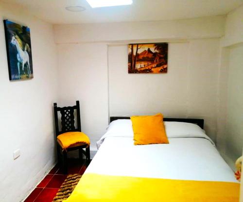 a bedroom with a bed with a yellow pillow and a chair at Galapagos Natural Life Hostel in Quito