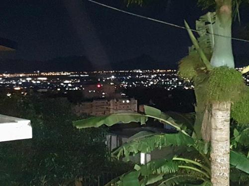 a view of a city at night with a palm tree at House in curepipe in Curepipe