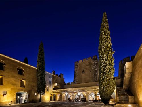 a building with two trees in front of it at night at Pousada Castelo de Alvito in Alvito