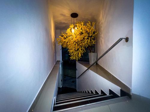 a staircase with a chandelier in a building at Hotel Boutique Veracruz termales in Santa Rosa de Cabal