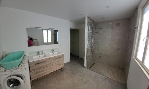 a bathroom with a shower and a washing machine at La Graine de Beurre proche zoo de Beauval in Seigy