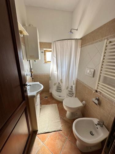 a bathroom with a sink and a toilet and a shower at Casa Fiorella in Fiano Romano