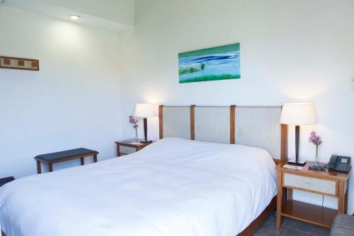 a bedroom with a large white bed and two tables at Hotel Maitei Posadas in Posadas