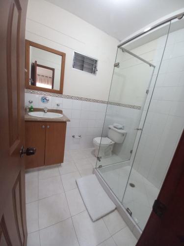 a bathroom with a shower and a toilet and a sink at San Juan Del Lago in Pereira