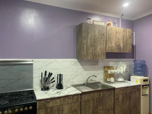 a kitchen with a sink and a counter top at Hotel Shalimar in Tbilisi City