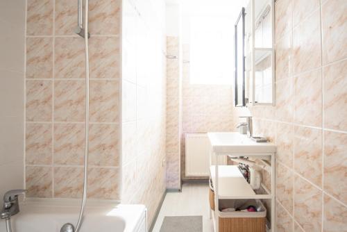 La salle de bains est pourvue d'une douche et d'un lavabo. dans l'établissement L'Escapade Mulhousienne, à Mulhouse