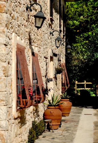 a stone wall with a bunch ofotted plants on it at COUNTRY HOUSE in Sezze
