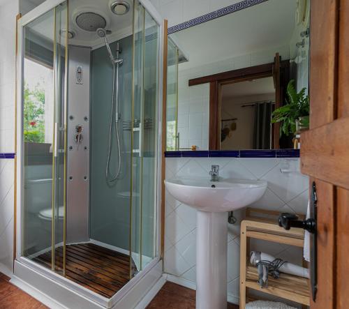 a bathroom with a glass shower and a sink at Agroturismo Kostegi in Urnieta