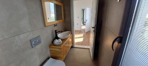 a bathroom with a toilet and a sink and a mirror at Villa Olea - Relax in nature in Fethiye