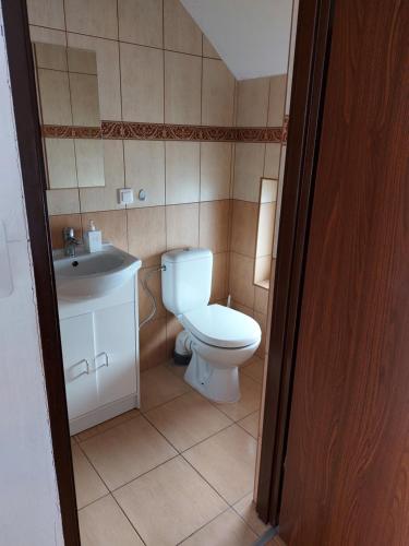 a bathroom with a toilet and a sink at Big Foot by MANGO Food&Bar in Karwia