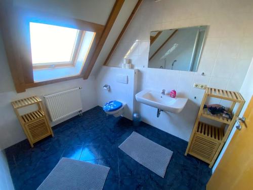 a bathroom with a sink and a toilet and a mirror at Ferienhaus Kutzenhausen in Kutzenhausen