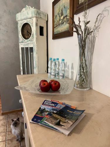 une table avec deux pommes, un magazine et une horloge dans l'établissement Magiczny zakątek, à Chojnice
