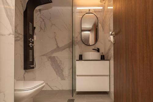 uma casa de banho com um WC e uma cabina de duche em vidro. em Theros Apartment em Palaiochora