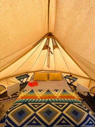 a tent with a bed in the middle of it at Casa del Árbol - Glamping in Malalcahuello