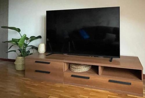 uma televisão de ecrã plano em cima de um centro de entretenimento em madeira em Maison Villaviciosa Asturias em Villaviciosa