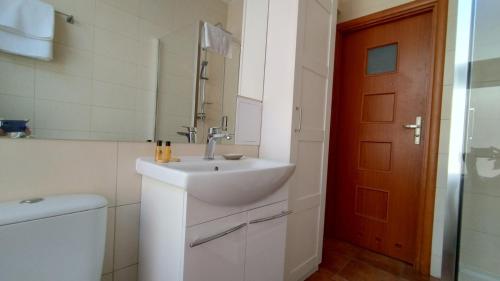 baño con lavabo, aseo y puerta en Tabago Studio 9, en Kędzierzyn-Koźle