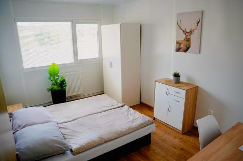 1 dormitorio con cama, escritorio y ventana en Hotel Hviezda, en Diakovce