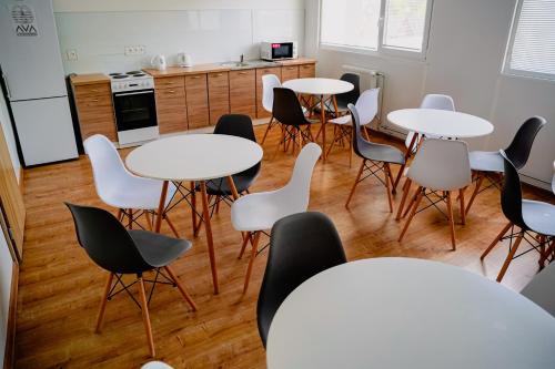 una habitación con mesas y sillas y una cocina en Hotel Hviezda, en Diakovce