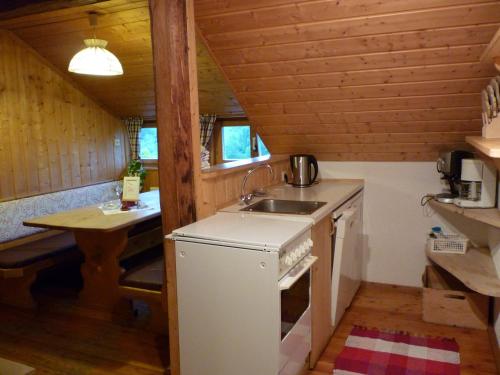 a small kitchen with a sink and a table at Fenzhof in Schladming