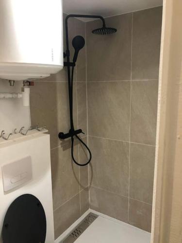 La salle de bains est pourvue d'une douche avec un pommeau de douche. dans l'établissement Studio confortable près de paris, à Villejuif