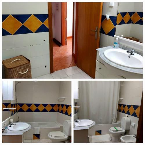 two pictures of a bathroom with a sink and a toilet at Sol da Foz in Foz do Arelho