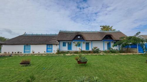 a large white house with blue windows and a yard at Pensiunea Casa Golovita in Jurilovca