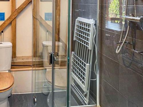 a bathroom with a glass shower door with a toilet at The Lodge - Uk44556 in Plaistow