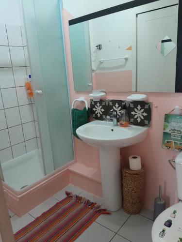 y baño de color rosa con lavabo y ducha. en Little Ferry - 3rd floor no elevator en Papeete
