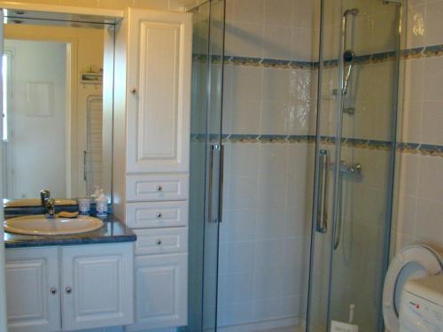 バンゴールにあるMaison Bangor, 3 pièces, 6 personnes - FR-1-418-32のバスルーム(ガラス張りのシャワー、シンク付)