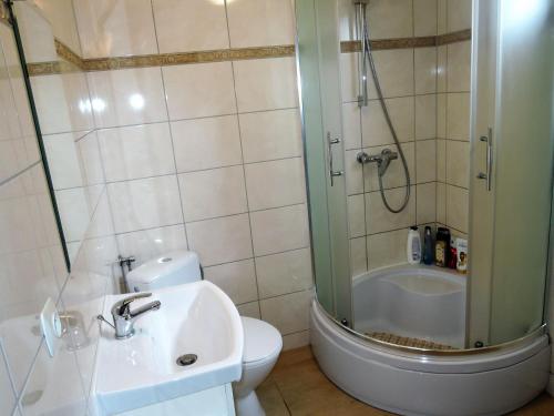 a bathroom with a shower and a toilet and a sink at Holiday house in Mi dzyzdroje for 5 people in Międzyzdroje