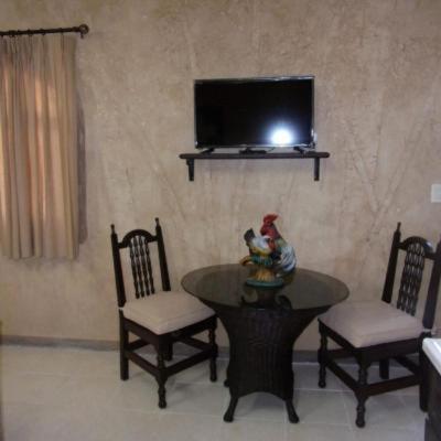 a living room with a table and chairs and a tv at Casita Montana Hotel in Ajijic
