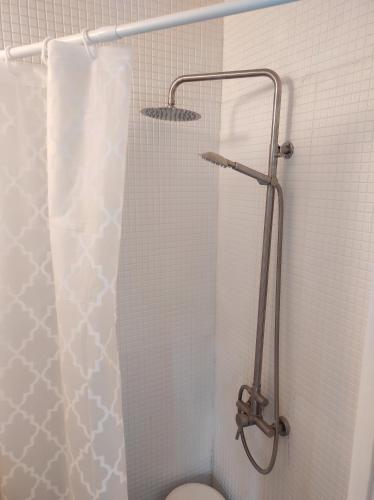 a shower with a shower curtain and a toilet in a bathroom at Przystanek Amsele in Åmsele