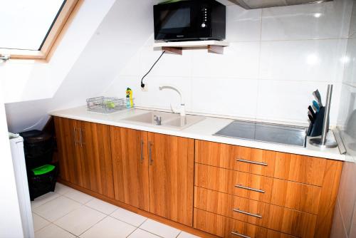 eine Küche mit einem Waschbecken und einem TV an der Wand in der Unterkunft Willa Tomaszek in Władysławowo