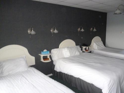 a bedroom with two beds and two lights on the wall at 5 Corners Guest Inn in Ballyclare