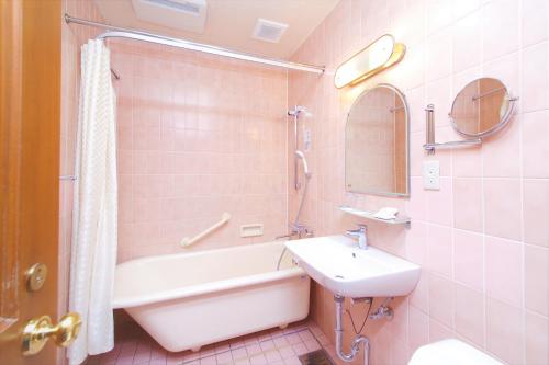 a bathroom with a sink and a tub and a toilet at Nara Hotel in Nara