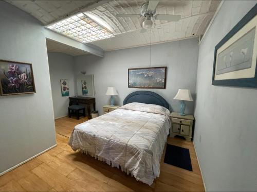 - une chambre avec un lit et un ventilateur de plafond dans l'établissement Casita Montana Hotel, à Ajijic