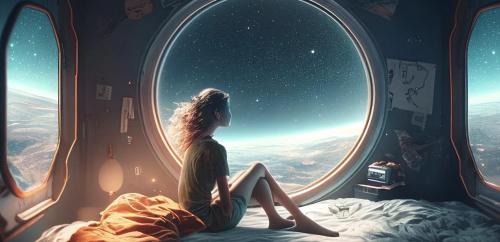 a girl sitting on a bed looking out of a window at 八ヶ岳高原テラス Space Hotel the amulapo in Hara