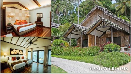 dos fotos de un dormitorio y una villa en Pearl Farm Beach Resort en Samal