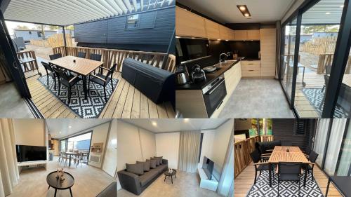 un collage de photos d'une cuisine et d'une maison dans l'établissement Cottage Jullouville 56 m² tout confort, 6 personnes, 3 chambres, 2 Salles d'eau, à Jullouville