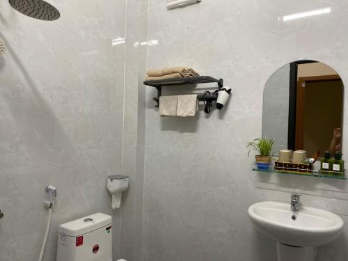 a bathroom with a sink and a toilet and a mirror at Nhật Lệ Oyster House in Dong Hoi