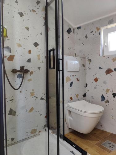 a bathroom with a shower and a toilet in it at Miro guesthouse in Tivat