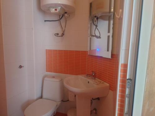 a small bathroom with a toilet and a sink at Стая in Vidin