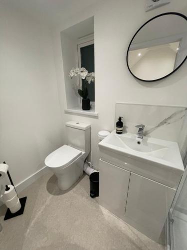bagno bianco con servizi igienici e specchio di The Lodge Hideaway in Cowes a Gurnard